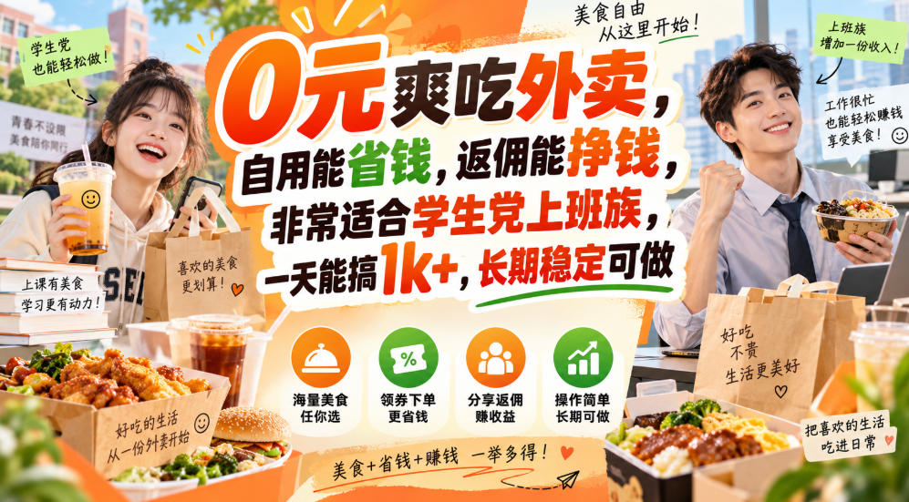 0元爽吃外卖，自用能省钱，返佣能挣钱，非常适合学生党上班族，一天能搞1k+，长期稳定可做-禾谷轻创网