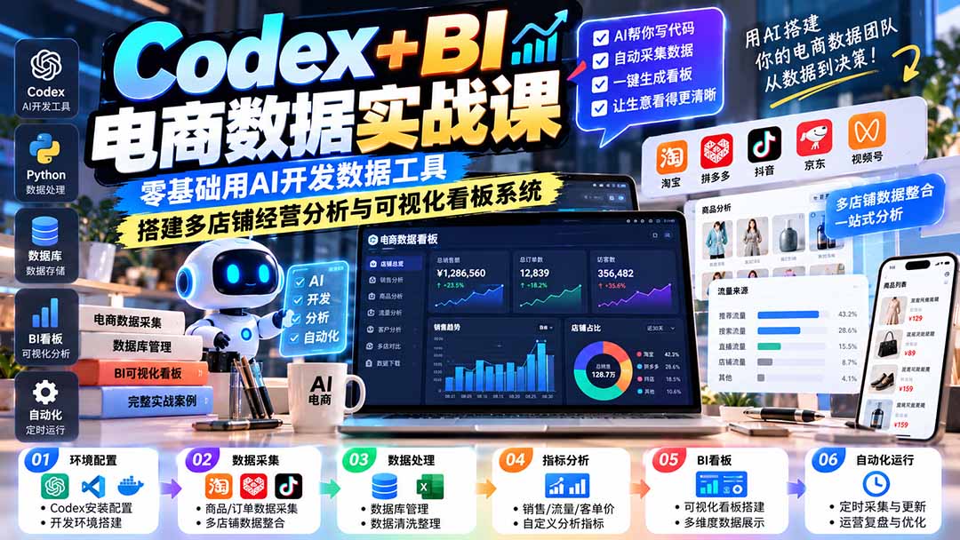 Codex+BI电商数据实战课：零基础用AI开发数据工具，搭建多店铺经营分析与可视化看板系统-禾谷轻创网