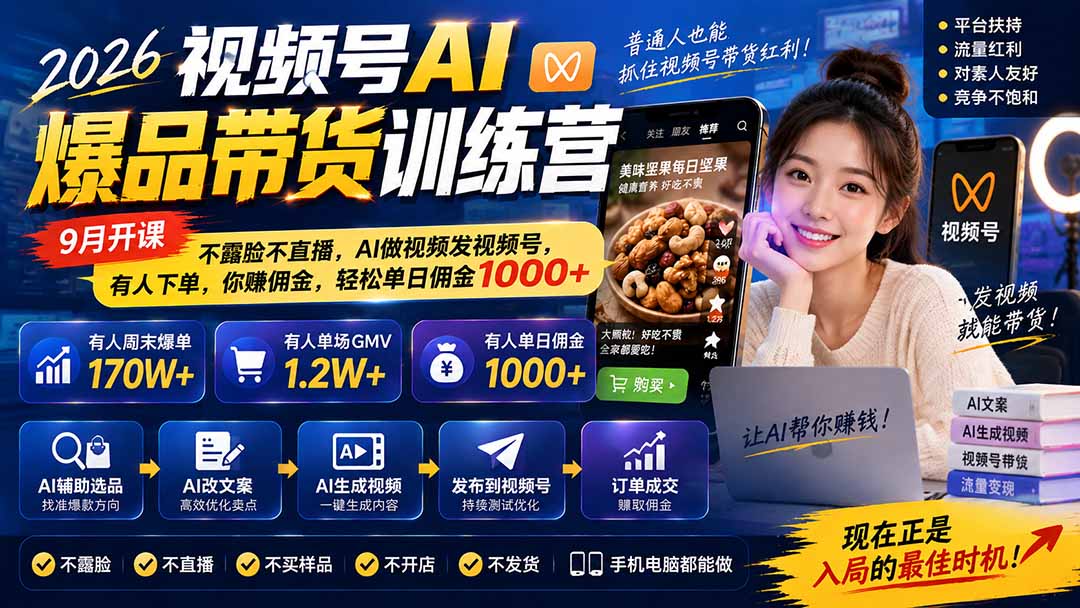 2026视频号AI爆品带货训练营-9月开课｜不露脸不直播，AI做视频发视频号，有人下单，你赚佣金，轻松单日佣金1000+-禾谷轻创网