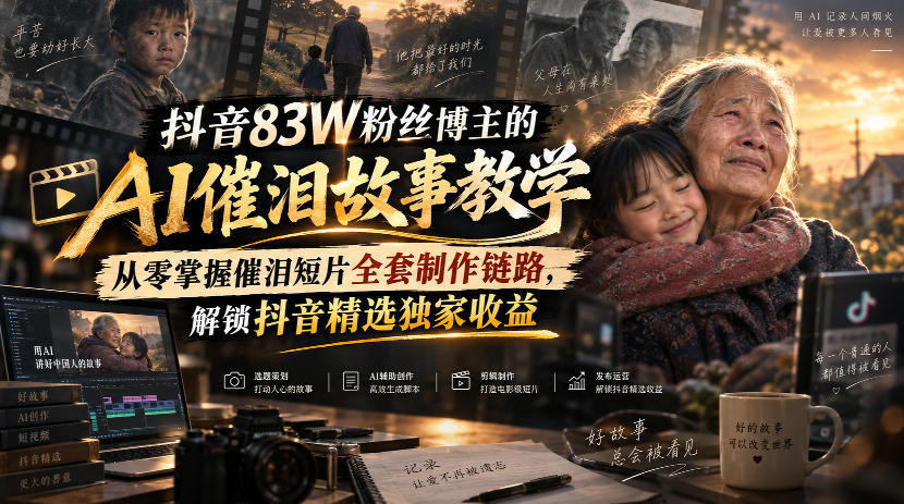 抖音83W粉丝博主的AI催泪故事教学，从零掌握催泪短片全套制作链路，解锁抖音精选独家收益-禾谷轻创网