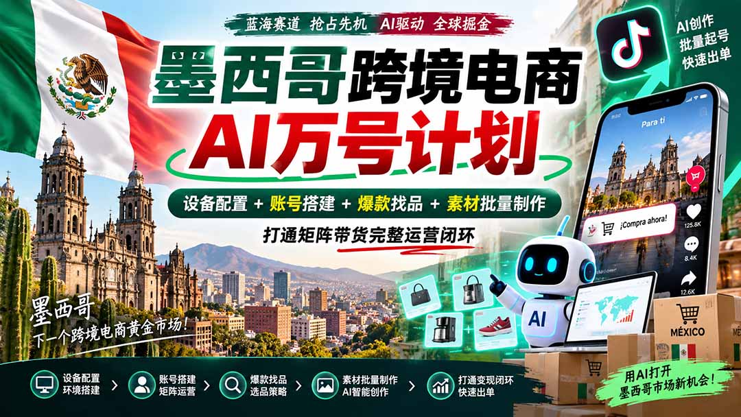 墨西哥AI跨境电商万号计划｜设备配置+账号搭建+爆款找品+素材批量制作，打通矩阵带货完整运营闭环-禾谷轻创网