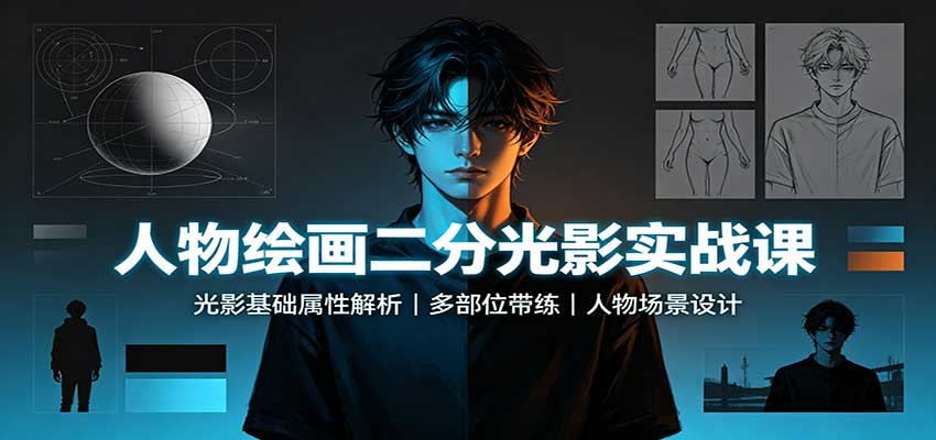 人物绘画二分光影实战课：光影基础属性解析，多部位带练，人物场景设计-禾谷轻创网