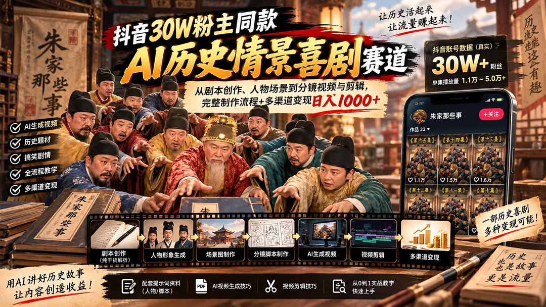抖音30W粉博主同款AI历史情景喜剧赛道：从剧本创作、人物场景到分镜视频与剪辑，完整制作流程+多渠道变现日入1000+-禾谷轻创网