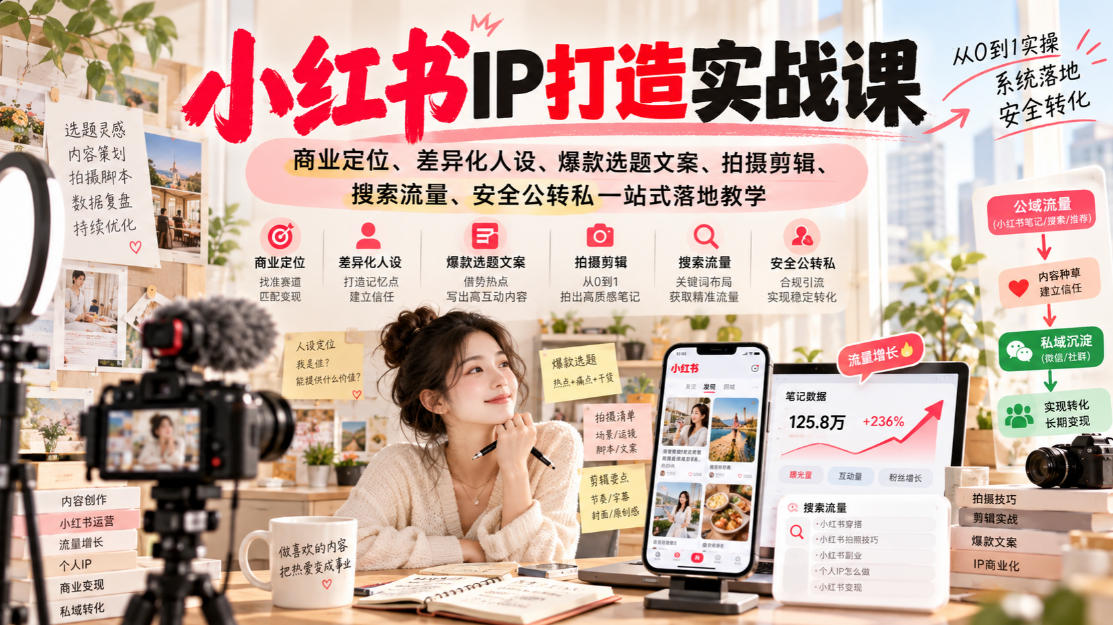 小红书ip打造实战课，商业定位、差异化人设、爆款选题文案、拍摄剪辑、搜索流量、安全公转私一站式落地教学-禾谷轻创网
