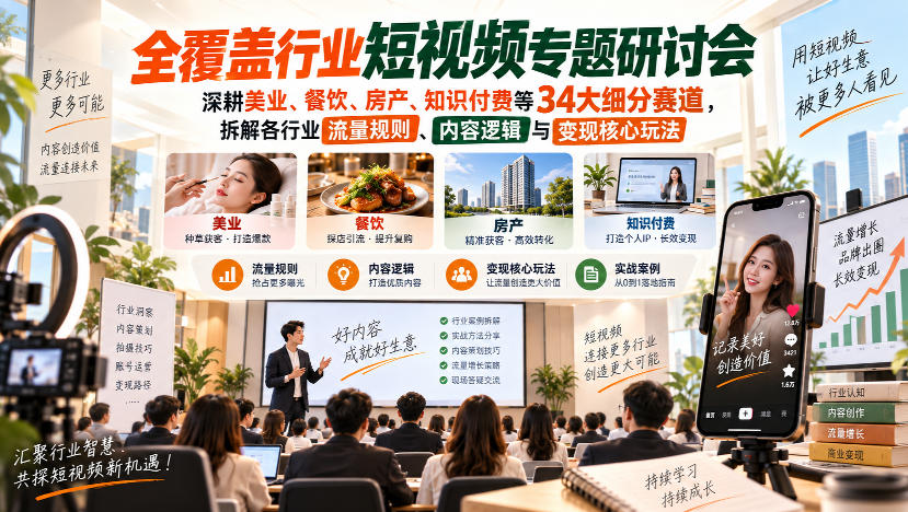 短视频专题研讨会，深耕美业、餐饮、房产、知识付费等34大细分赛道，拆解各行业流量规则、内容逻辑与变现核心玩法-禾谷轻创网