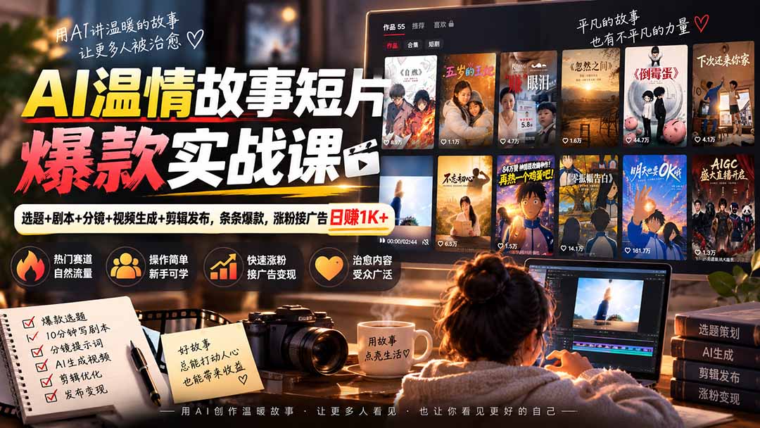 AI温情故事短片爆款实战课-更新｜选题+剧本+分镜+视频生成+剪辑发布，条条爆款，涨粉接广告日赚1K+-禾谷轻创网