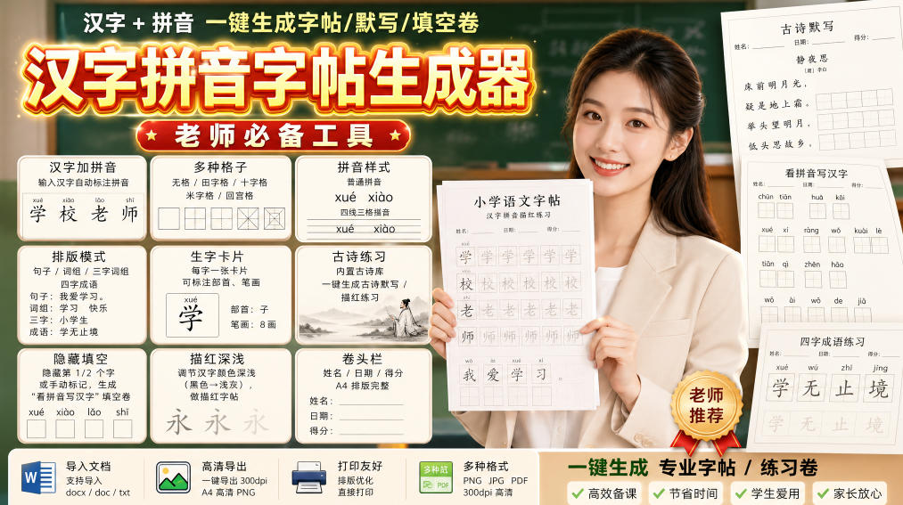学习神器，汉字拼音字帖生成器，汉字+拼音 一键生成字帖/默写/填空卷，支持词组、成语，老师、家长必备-禾谷轻创网