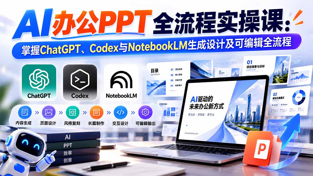 【无水印】AI办公PPT全流程实操课： 掌握ChatGPT、Codex与NotebookLM生成设计及可编辑全流程-禾谷轻创网