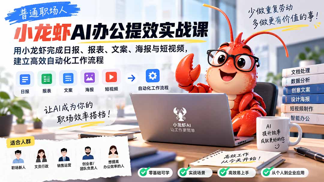 普通职场人AI办公提效实战课：用小龙虾完成日报、报表、文案、海报与短视频，建立高效自动化工作流程-禾谷轻创网