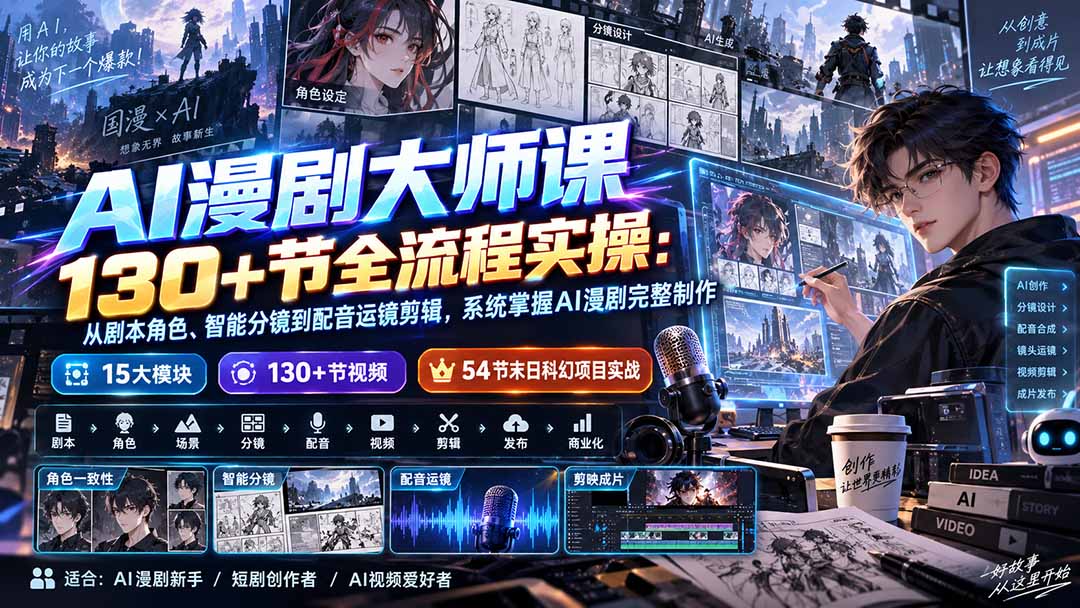 AI漫剧大师课130+节全流程实操：从剧本角色、智能分镜到配音运镜剪辑，系统掌握AI漫剧完整制作-禾谷轻创网
