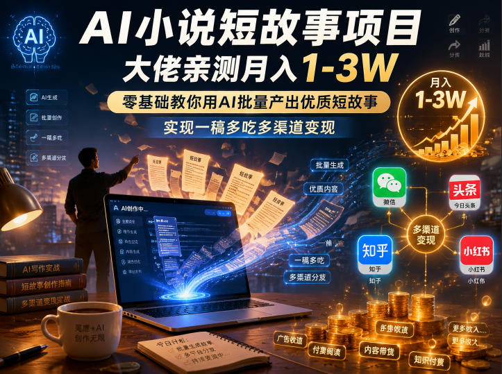 AI小说短故事项目，大佬亲测月入1-3W，零基础教你用AI批量产出优质短故事，实现一稿多吃多渠道变现(更新0910)-禾谷轻创网