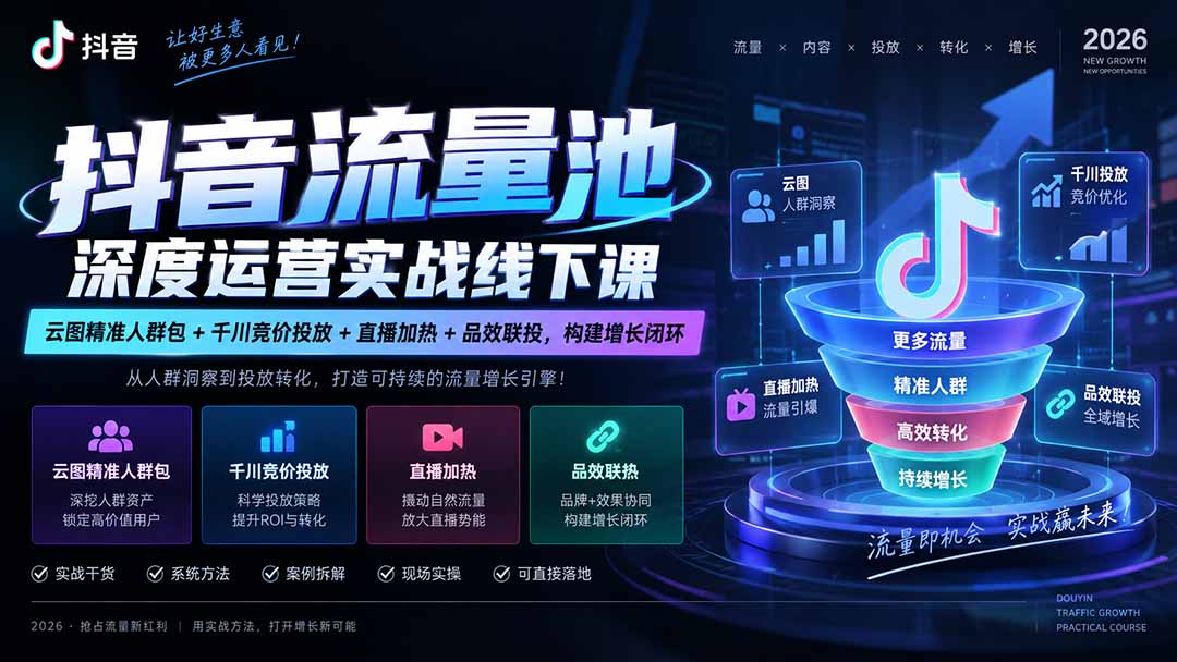抖音流量池深度运营实战线下课｜云图精准人群包+千川竞价投放+直播加热+品效联投，构建增长闭环-禾谷轻创网