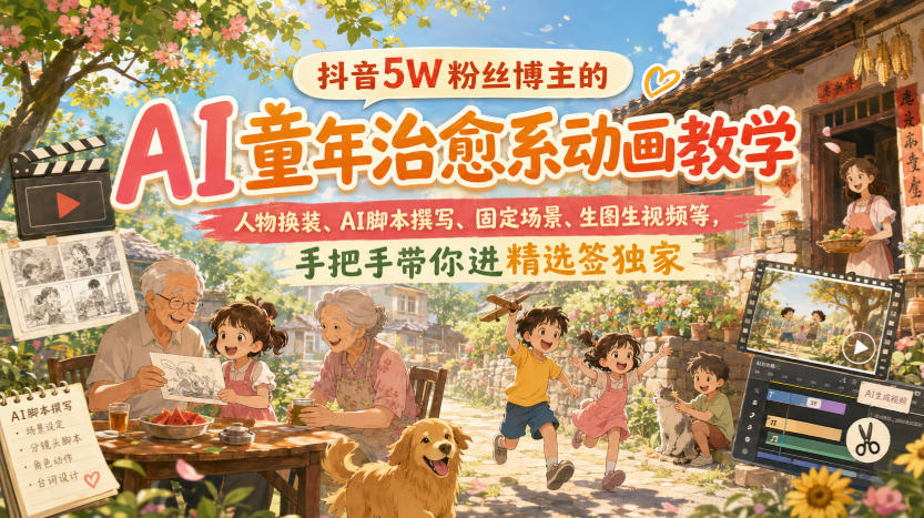 抖音5W粉丝博主的AI童年治愈系动画教学，人物换装、AI脚本撰写、固定场景、生图生视频等，手把手带你进精选签独家-禾谷轻创网