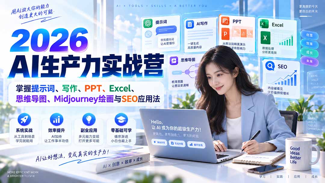 2026AI生产力实战营：掌握提示词、写作、PPT、Excel、思维导图、Midjourney绘画与SEO应用法-禾谷轻创网