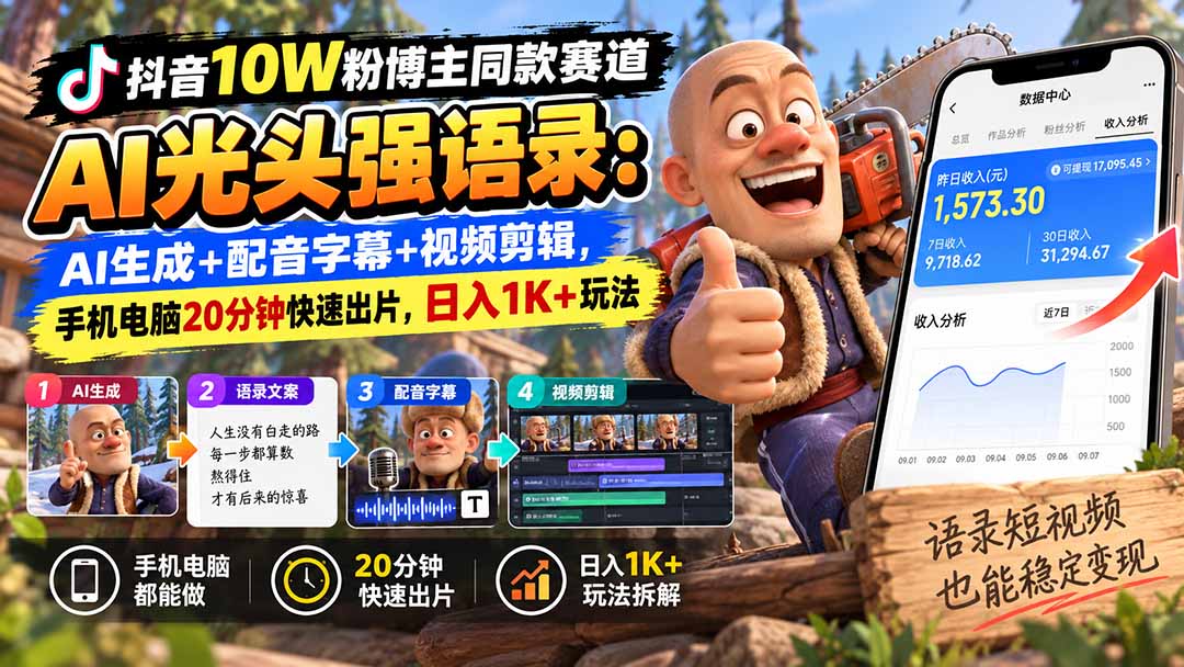【无水印】抖音10W粉博主同款赛道AI光头强语录：AI生成+配音字幕+视频剪辑，手机电脑20分钟快速出片，日入1K+玩法-禾谷轻创网