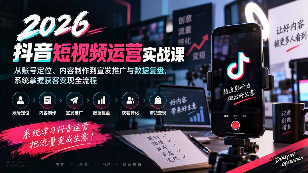 2026抖音短视频运营实战课：从账号定位、内容制作到宣发推广与数据复盘，系统掌握获客变现全流程-禾谷轻创网