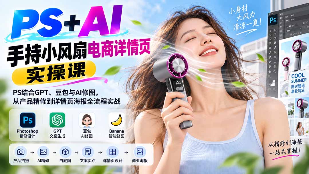 PS+AI手持小风扇电商详情页实操课：PS结合GPT、豆包与AI修图，从产品精修到详情页海报全流程实战-禾谷轻创网