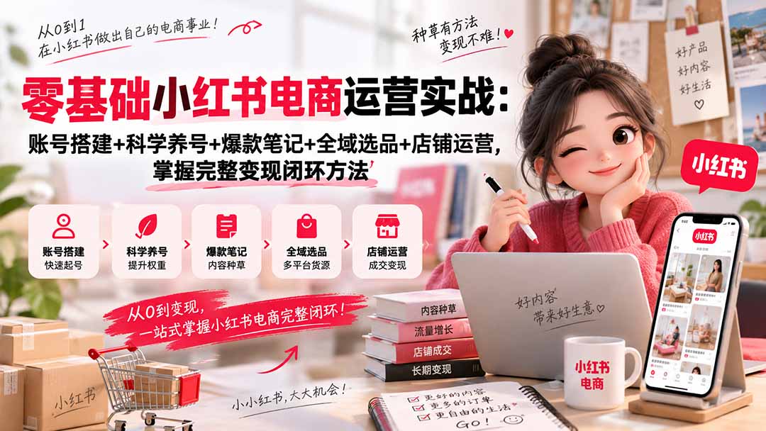 零基础小红书电商运营实战：账号搭建+科学养号+爆款笔记+全域选品+店铺运营，掌握完整变现闭环方法-禾谷轻创网