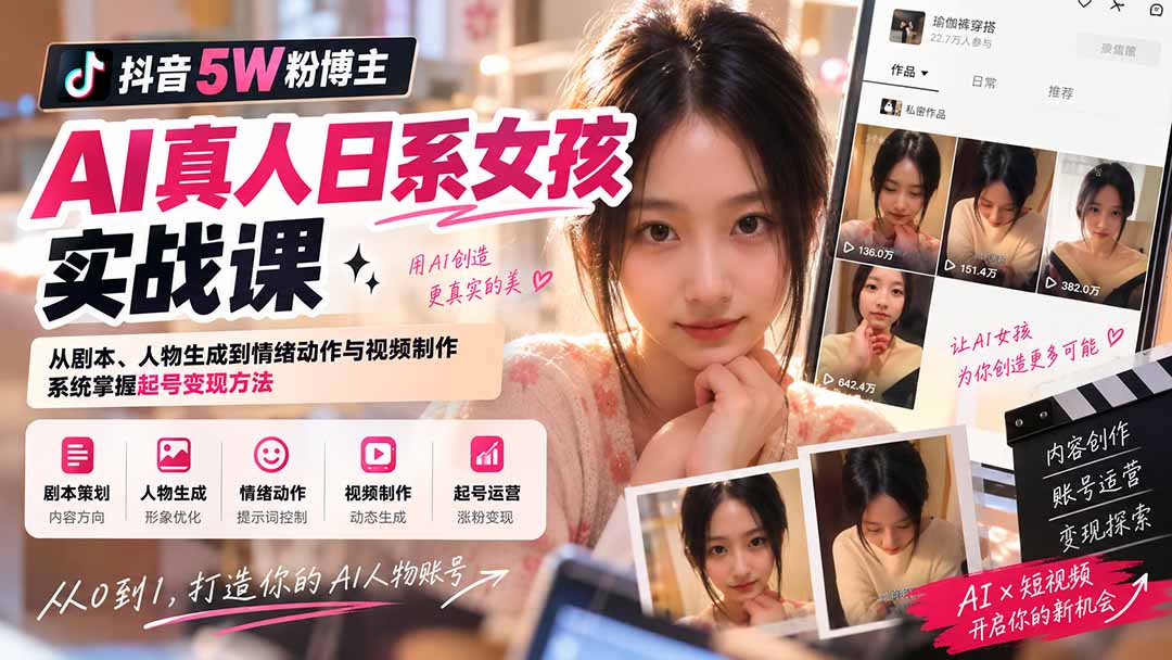 抖音5W粉博主AI真人日系女孩实战课：从剧本、人物生成到情绪动作与视频制作，系统掌握起号变现方法-禾谷轻创网