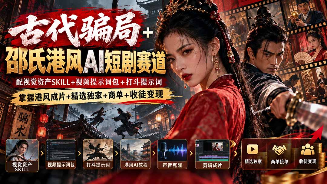 古代骗局+邵氏港风AI短剧赛道：配视觉资产SKILL+视频提示词包+打斗提示词，掌握港风成片+精选独家+商单+收徒变现-禾谷轻创网