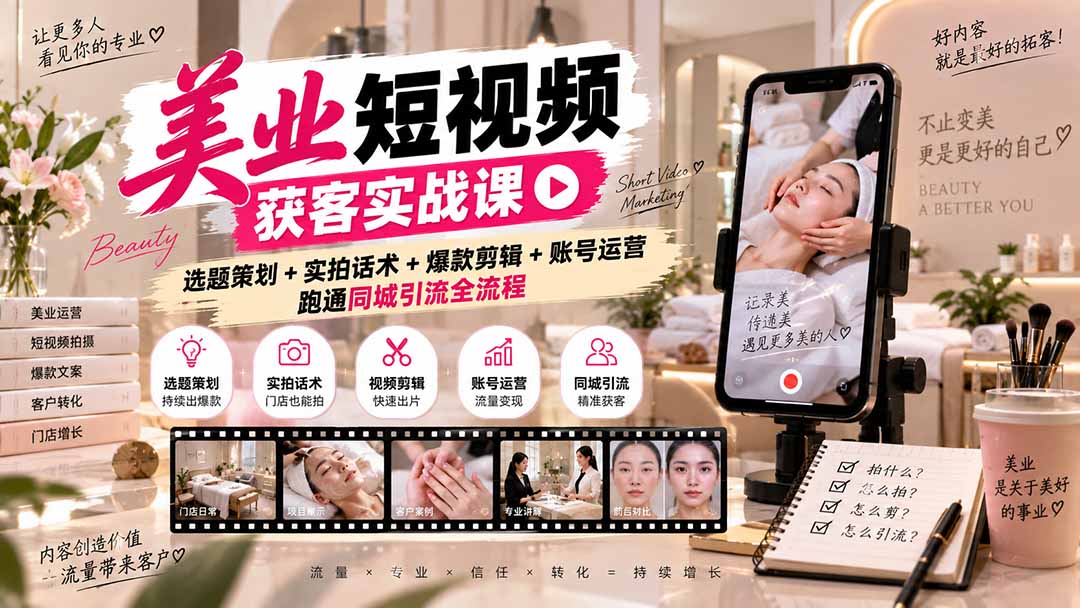 美业短视频获客实战课-无水印：选题策划+实拍话术+爆款剪辑+账号运营，跑通同城引流全流程-禾谷轻创网