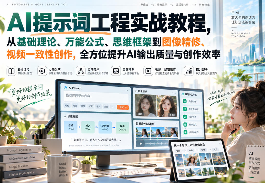 AI提示词工程实战教程，从基础理论、万能公式、思维框架到图像精修、视频一致性创作，全方位提升AI输出质量与创作效率-禾谷轻创网