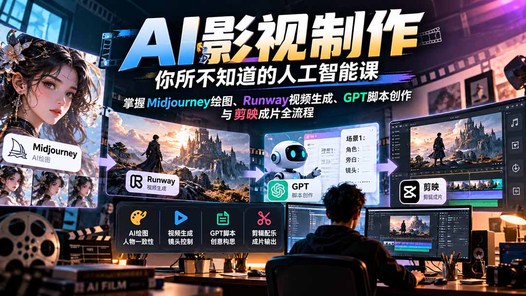 【无水印】AI影视制作-你所不知道的人工智能课，掌握Midjourney绘图、Runway视频生成、GPT脚本创作与剪映成片全流程-禾谷轻创网
