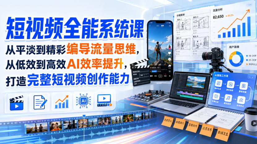 短视频全能系统课，从平淡到精彩编导流量思维，从低效到高效AI效率提升，打造完整短视频创作能力(完整版)-禾谷轻创网