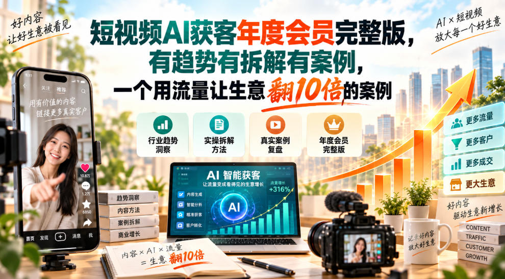 短视频AI获客年度会员完整版，有趋势有拆解有案例，一个用流量让生意翻10倍的案例-禾谷轻创网