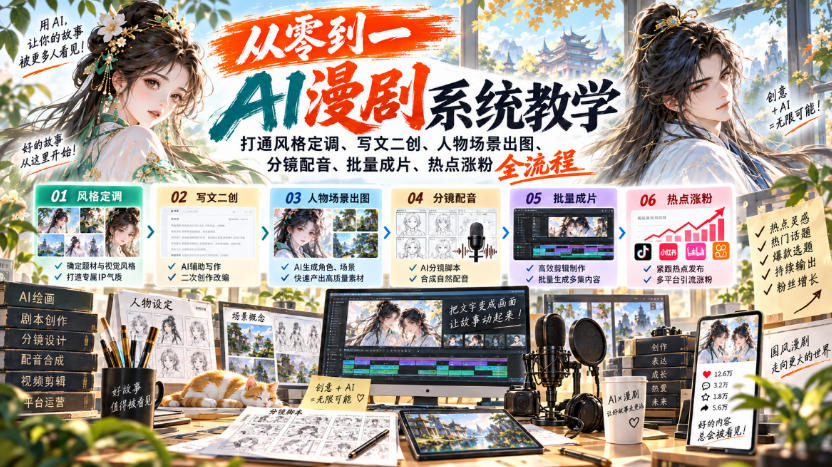 从零到一AI漫剧系统教学，打通风格定调、写文二创、人物场景出图、分镜配音、批量成片、热点涨粉全流程-禾谷轻创网