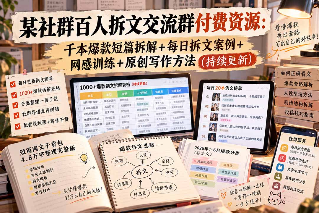 某社群百人拆文交流群付费资源-更新0929：千本爆款短篇拆解+每日拆文案例+网感训练+原创写作方法-禾谷轻创网