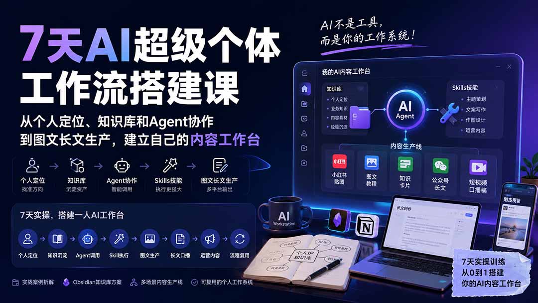 7天AI超级个体工作流搭建课：从个人定位、知识库和Agent协作到图文长文生产，建立自己的内容工作台-禾谷轻创网