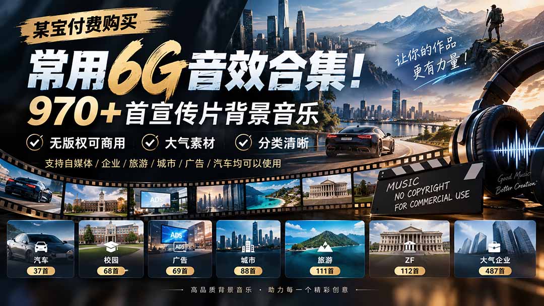 某宝付费购买，常用6G音效合集！970+首宣传片背景音乐，无版权可商用大气素材，分类清晰-禾谷轻创网