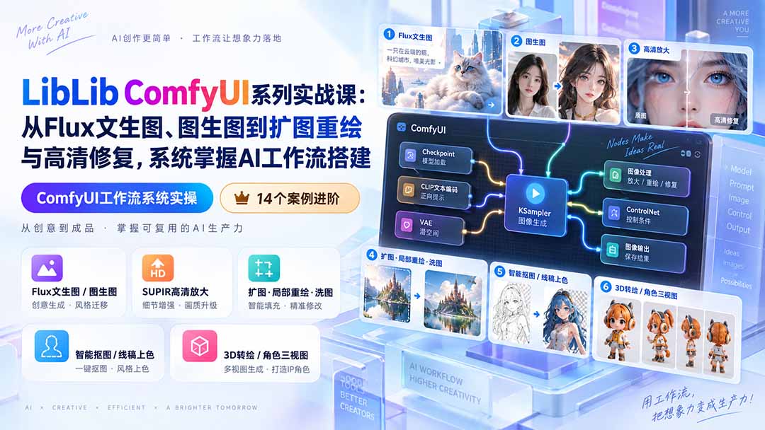 LibLib ComfyUI系列实战课：从Flux文生图、图生图到扩图重绘与高清修复，系统掌握AI工作流搭建-禾谷轻创网