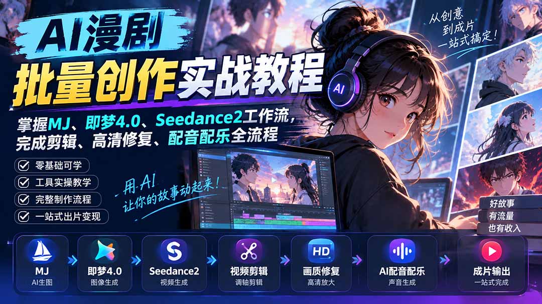 AI漫剧批量创作实战教程：掌握MJ、即梦4.0、Seedance2工作流，完成剪辑、高清修复、配音配乐全流程-禾谷轻创网