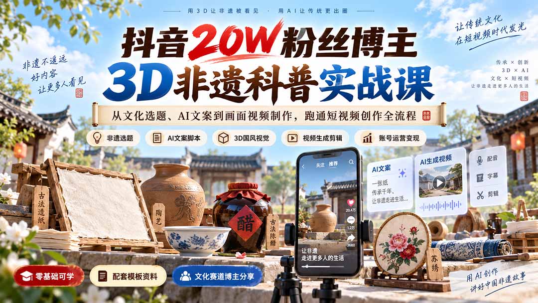 抖音20W粉丝博主3D非遗科普实战课：从文化选题、AI文案到画面视频制作，跑通短视频创作全流程-禾谷轻创网
