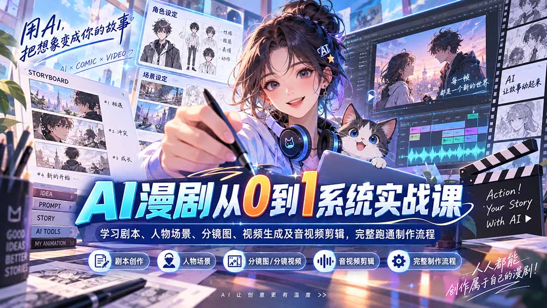 AI漫剧从0到1系统实战课：学习剧本、人物场景、分镜图、视频生成及音视频剪辑，完整跑通制作流程-禾谷轻创网