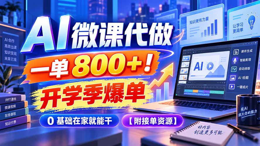 AI 微课代做，一单 800+！开学季爆单，0 基础在家就能干【附接单资源】-禾谷轻创网