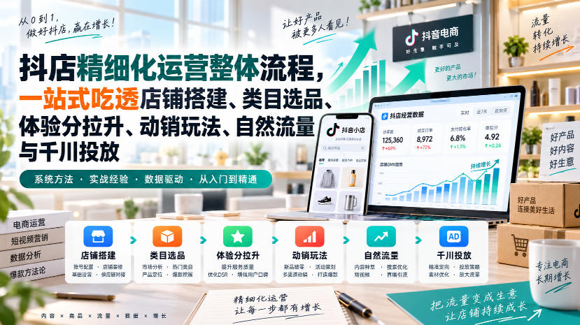 李哥电商-抖店精细化运营整体流程，一站式吃透店铺搭建、类目选品、体验分拉升、动销玩法、自然流量与千川投放-禾谷轻创网
