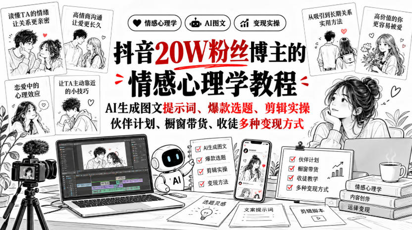 抖音20W粉丝博主静候心声的情感心理学教程，AI生成图文提示词、爆款选题、剪辑实操，伙伴计划、橱窗带货、收徒多种变现方式-禾谷轻创网
