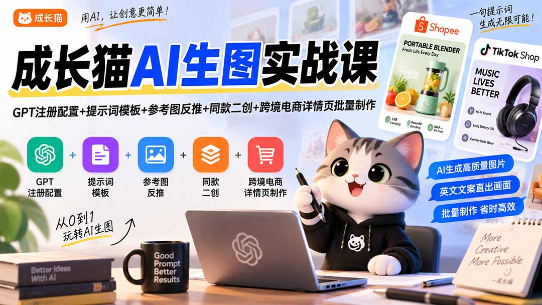 成长猫AI生图实战课｜GPT注册配置+提示词模板+参考图反推+同款二创+跨境电商详情页批量制作-禾谷轻创网
