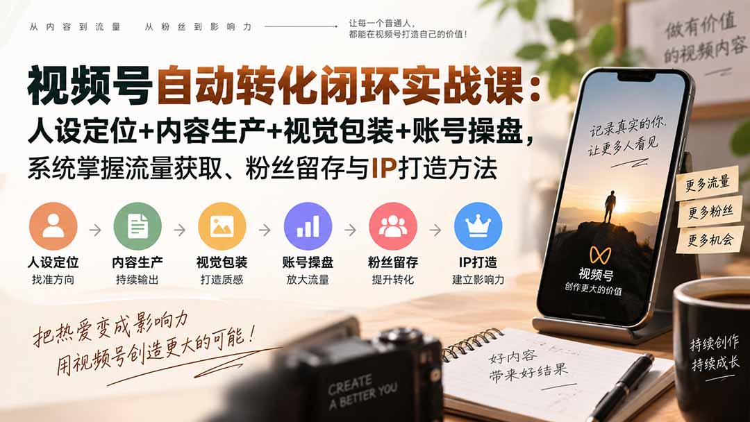 视频号自动转化闭环实战课：人设定位+内容生产+视觉包装+账号操盘，系统掌握流量获取、粉丝留存与IP打造方法-禾谷轻创网