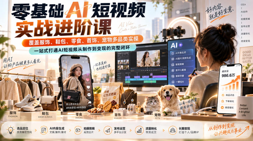 零基础AI短视频实战进阶课，覆盖服饰、鞋包、零食、首饰、宠物多品类实操，一站式打通AI短视频从制作到变现的完整闭环-禾谷轻创网