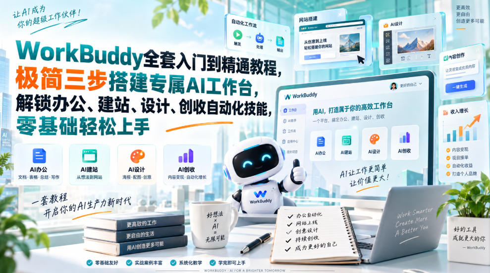 WorkBuddy全套入门到精通教程，极简三步搭建专属AI工作台，解锁办公、建站、设计、创收自动化技能，零基础轻松上手-禾谷轻创网