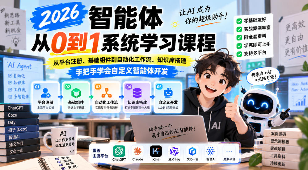 2026智能体从0到1系统学习课程，从平台注册、基础组件到自动化工作流、知识库搭建，手把手学会自定义智能体开发-禾谷轻创网