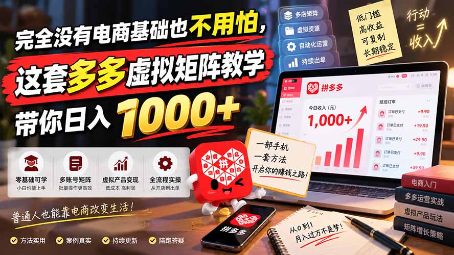完全没有电商基础也不用怕，这套多多虚拟矩阵教学带你日入 1000+-禾谷轻创网