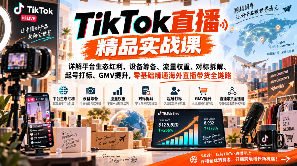 TikTok直播精品实战课，详解平台生态红利、设备筹备、流量权重、对标拆解、起号打标、GMV提升，零基础精通海外直播带货全链路-禾谷轻创网