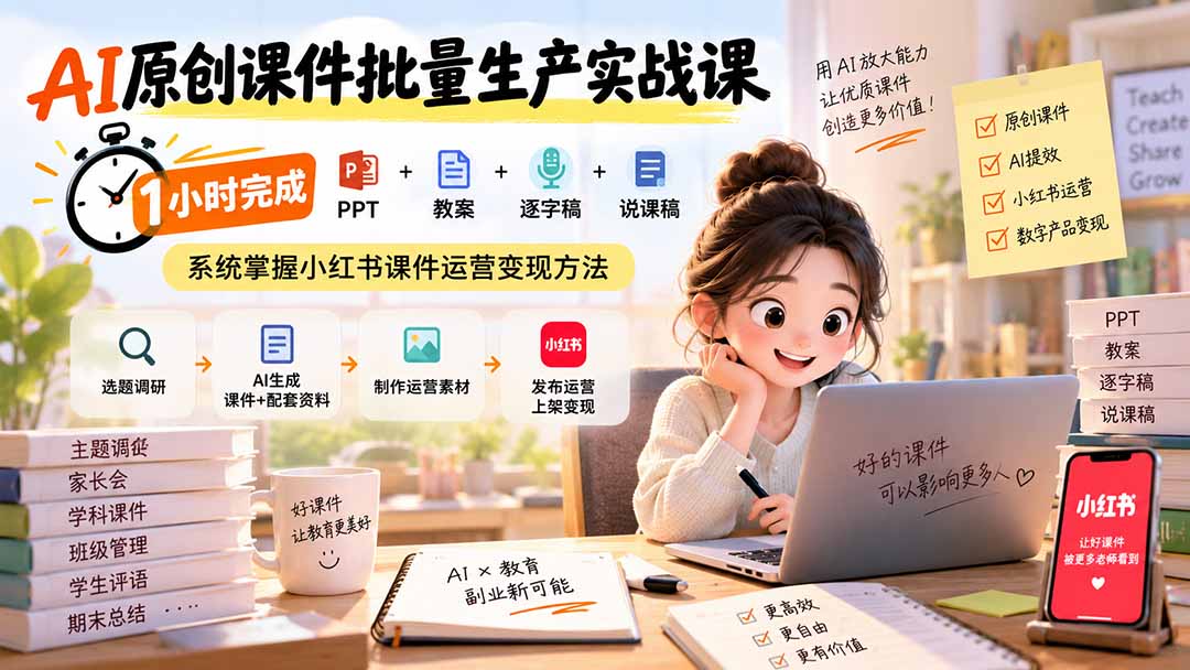 AI原创课件批量生产实战课：1小时完成PPT+教案+逐字稿+说课稿，系统掌握小红书课件运营变现方法-禾谷轻创网