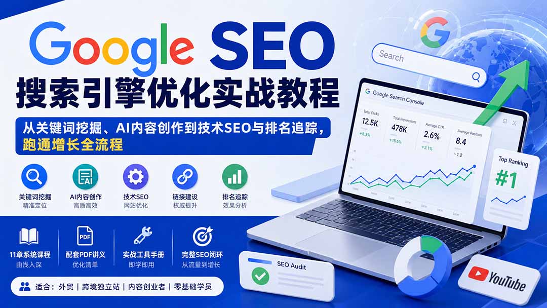 Google SEO搜索引擎优化实战教程：从关键词挖掘、AI内容创作到技术SEO与排名追踪，跑通增长全流程-禾谷轻创网
