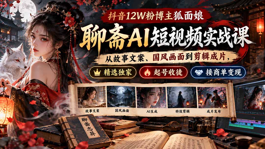抖音12W粉博主狐面娘-聊斋AI短视频实战课：从故事文案、国风画面到剪辑成片，精选独家+起号收徒+接商单变现-禾谷轻创网